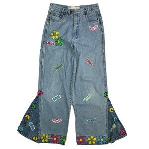 Vintage Y2K Know Who You Are Upcycled Hippie Bell Bottom Jeans Patches 90's